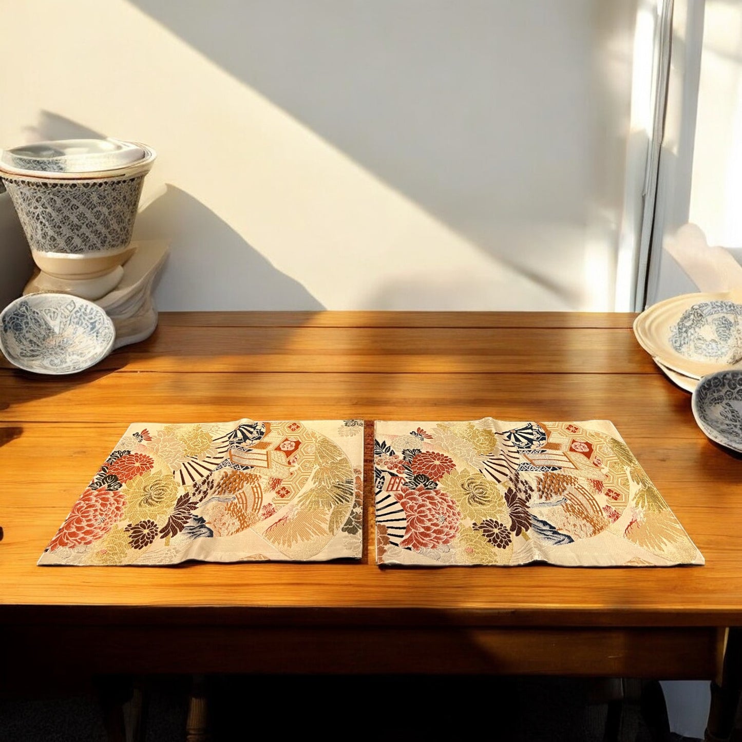 Golden Table Runner with Vibrant Peonies and Traditional Japanese Patterns(001-TR)
