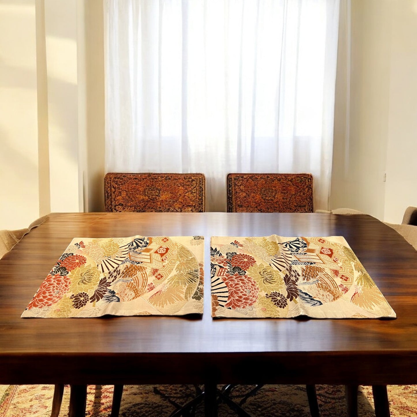 Golden Table Runner with Vibrant Peonies and Traditional Japanese Patterns(001-TR)