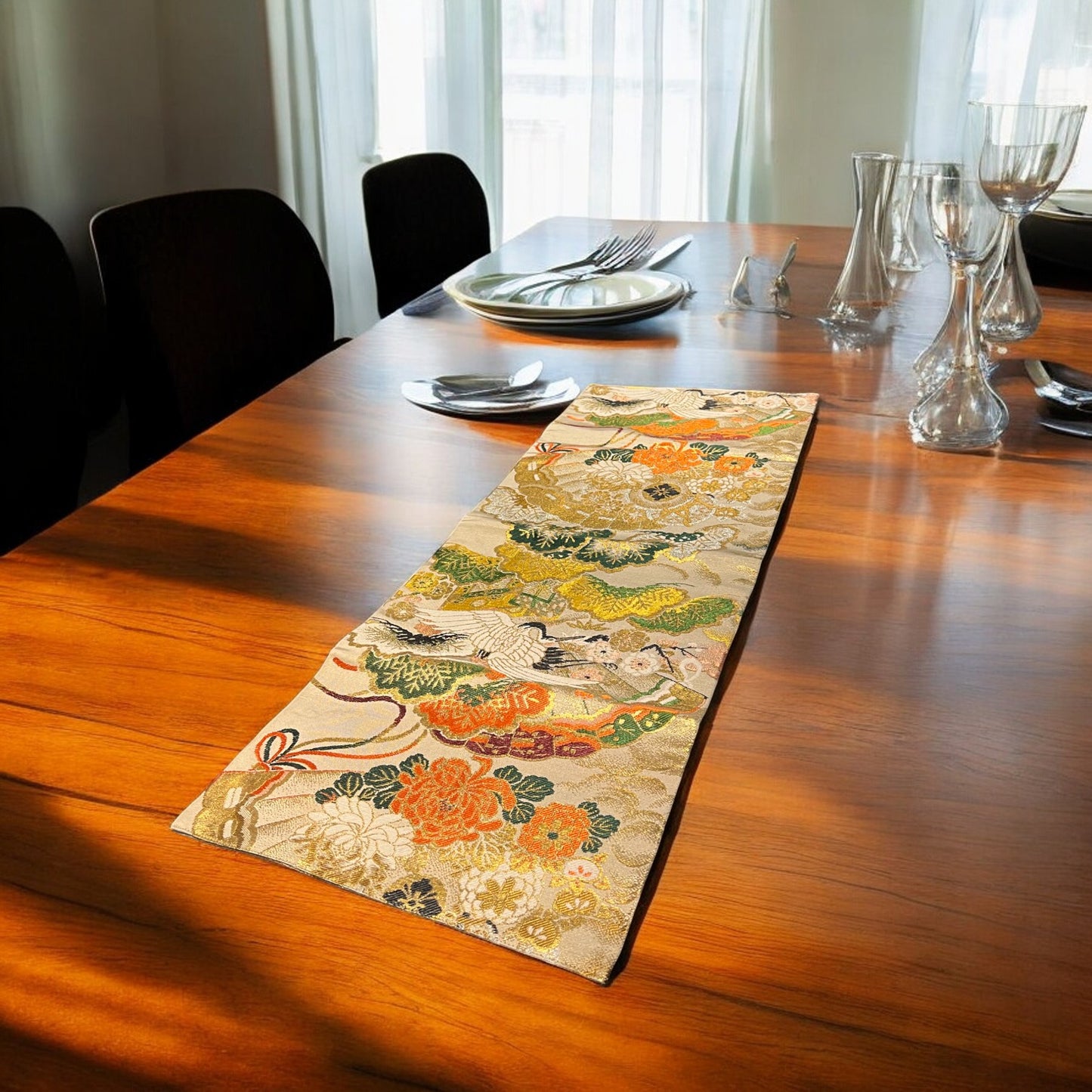 Golden Table Runner with Elegant Flowers and Cranes(004-TR)