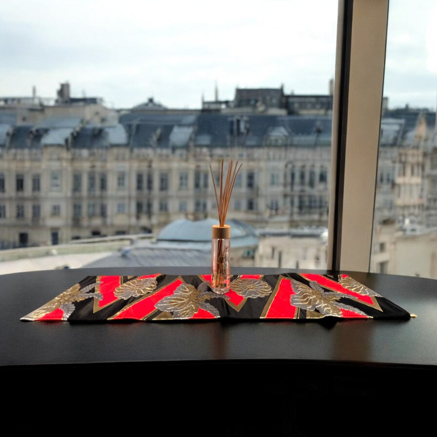 Elegant Black Table Runner with Red and Gold Chrysanthemum Design (007-TR)