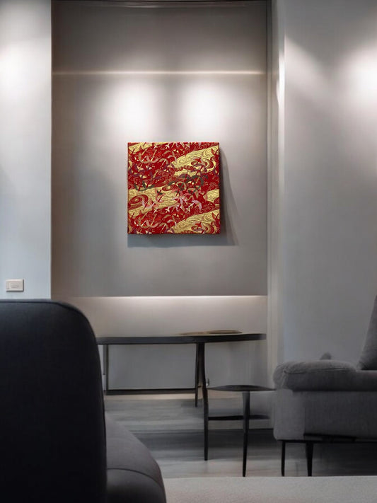 Vibrant Crimson and Gold Floral Artwork(008-FB)