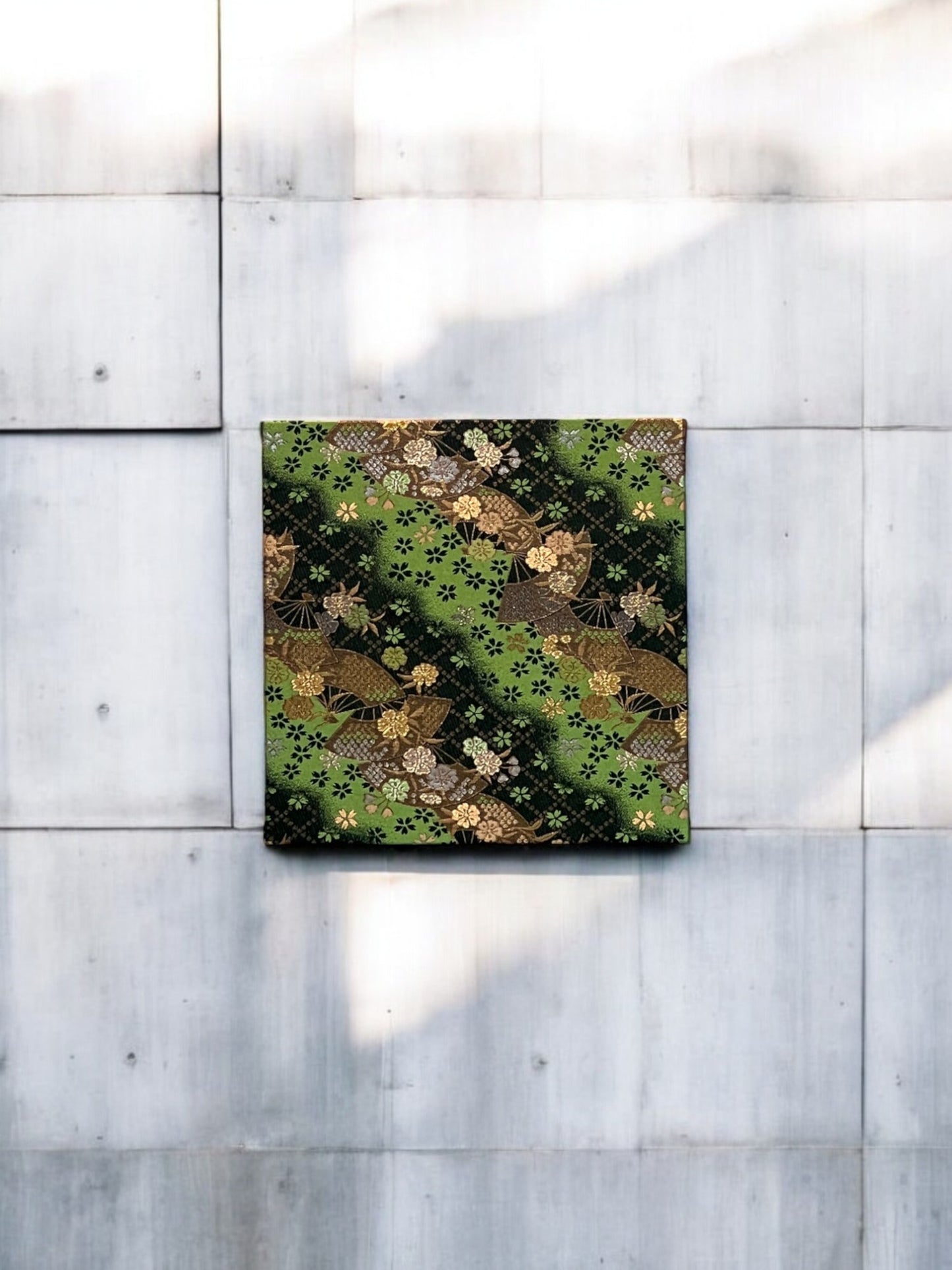 Nishijin woven fabric board with Japanese flowers and fan patterns standing out against the green space(011-FB)