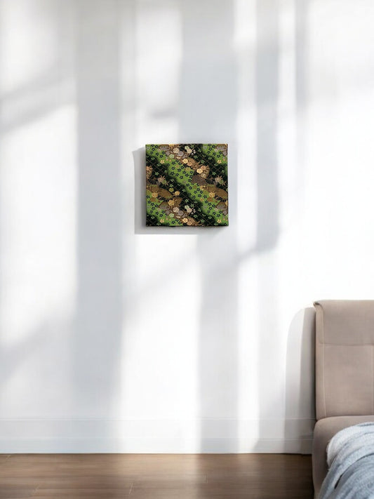 Nishijin woven fabric board with Japanese flowers and fan patterns standing out against the green space(011-FB)