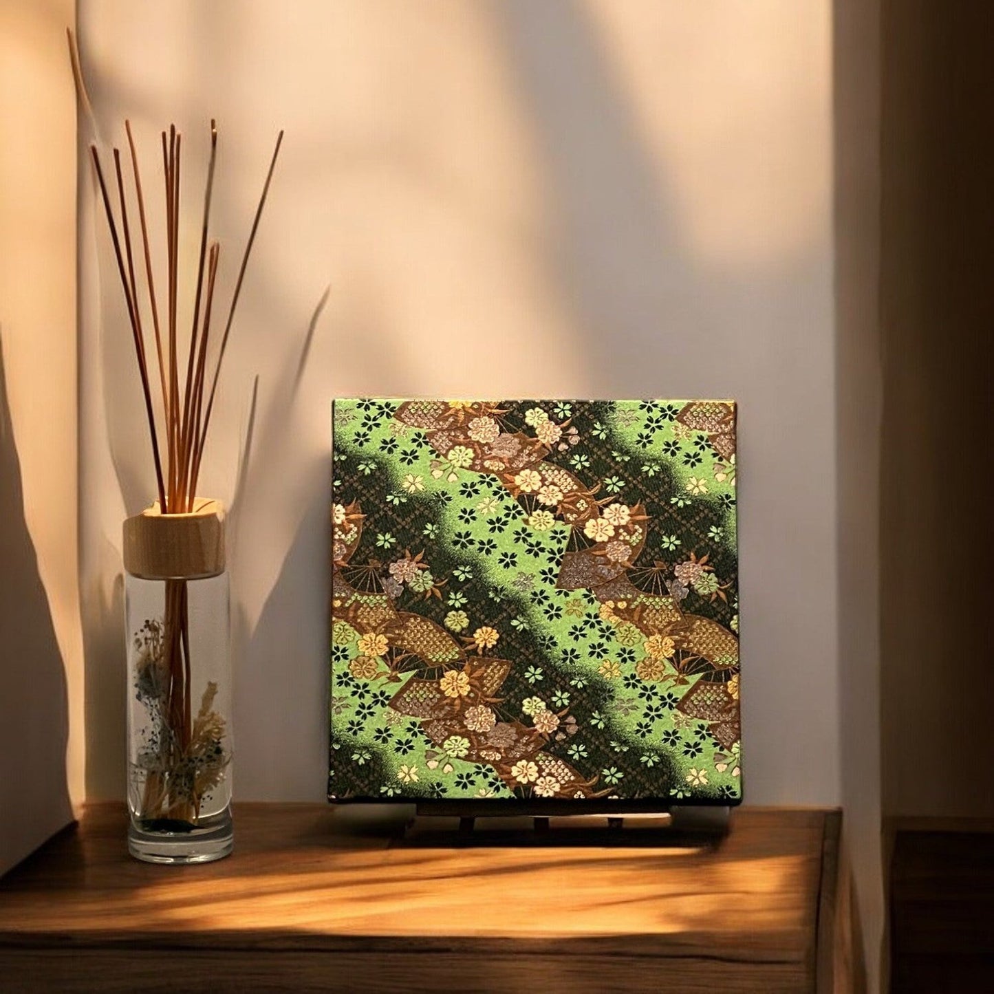 Nishijin woven fabric board with Japanese flowers and fan patterns standing out against the green space(011-FB)