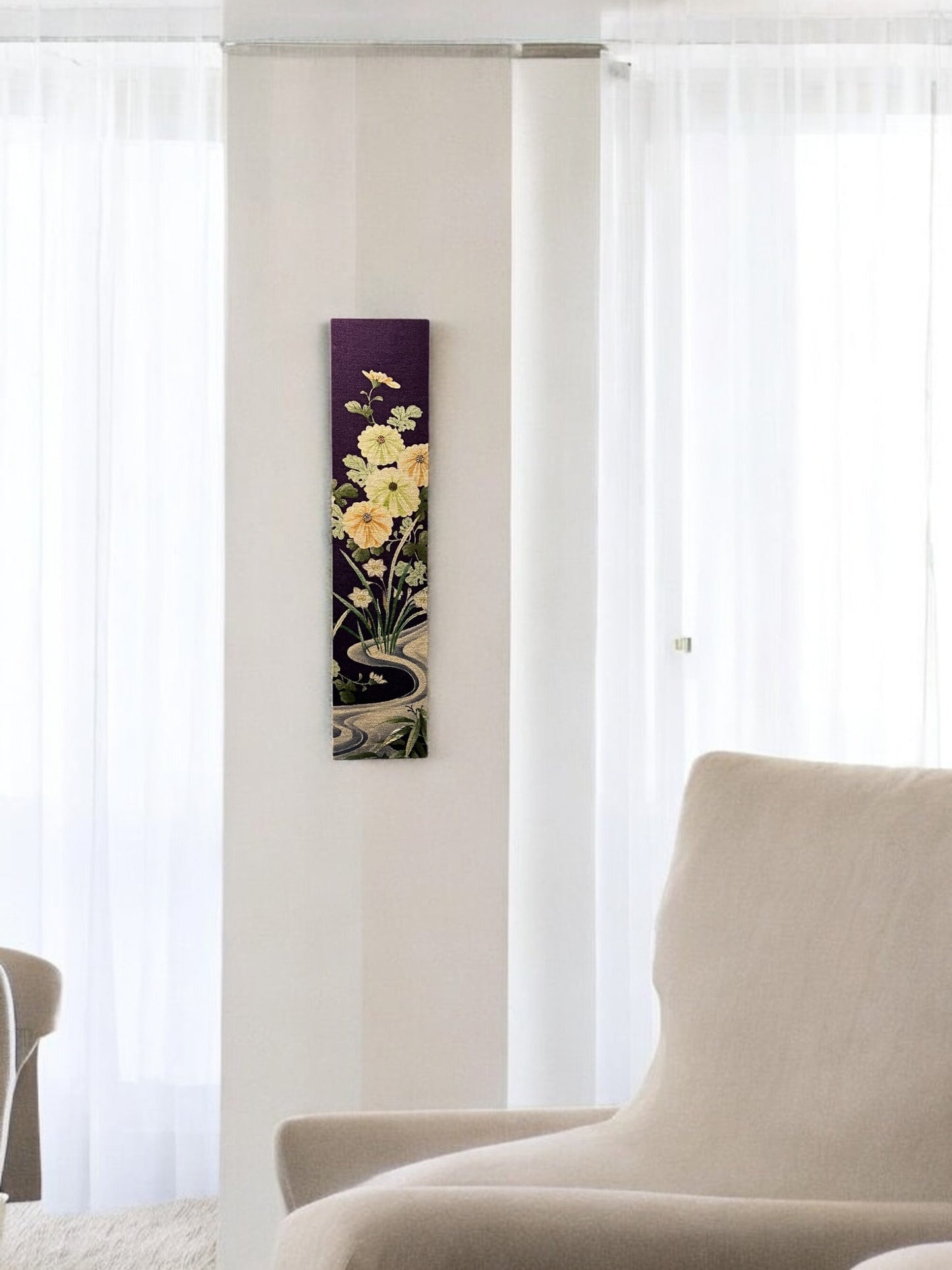 Fabric Board with White Flowers and Flowing River Motif on a Purple Background(018-FB)
