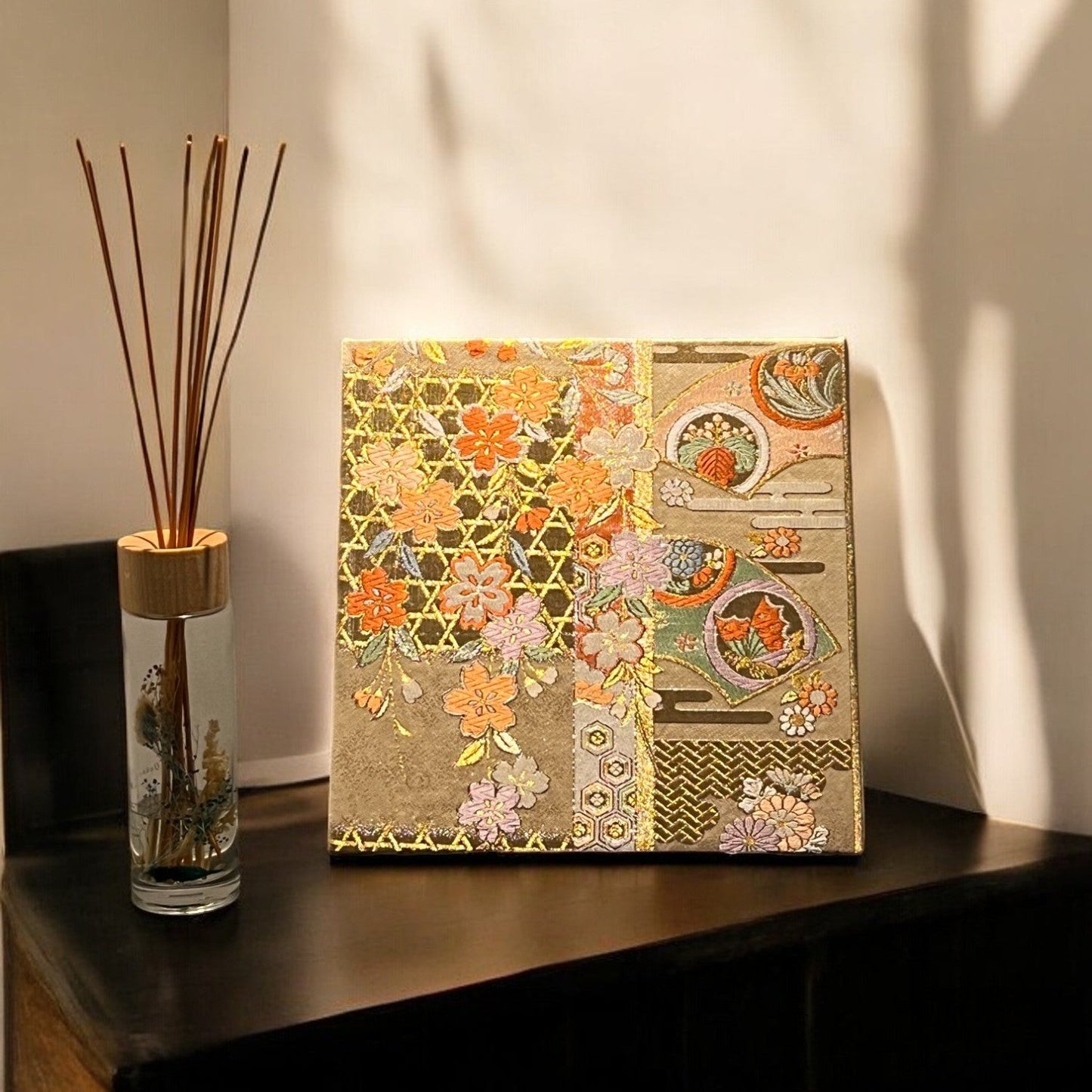 Fabric Board with Vibrant Cherry Blossoms and Traditional Patterns on a Golden Background(023-FB)