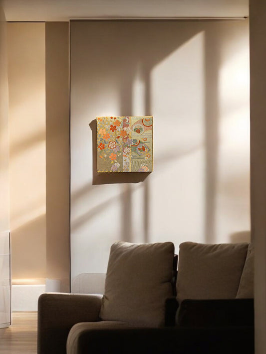 Fabric Board with Vibrant Cherry Blossoms and Traditional Patterns on a Golden Background(023-FB)