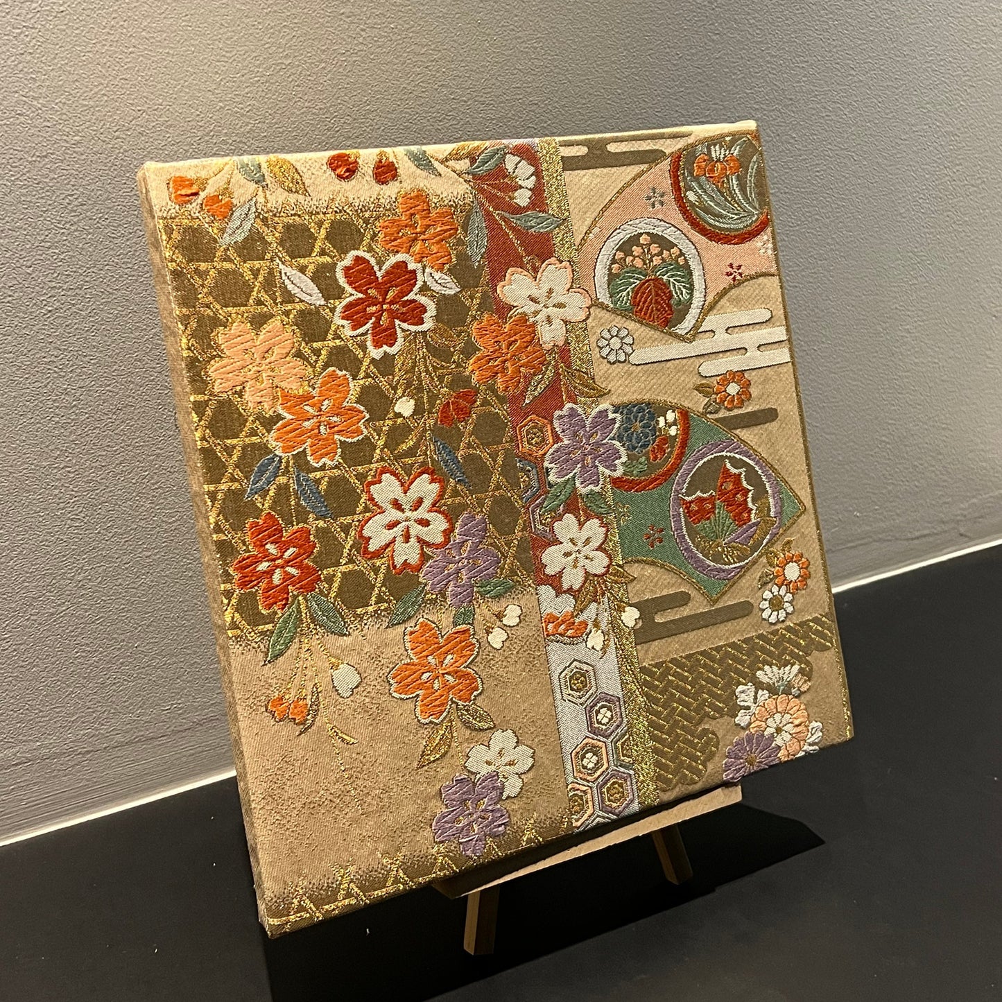 Fabric Board with Vibrant Cherry Blossoms and Traditional Patterns on a Golden Background(023-FB)