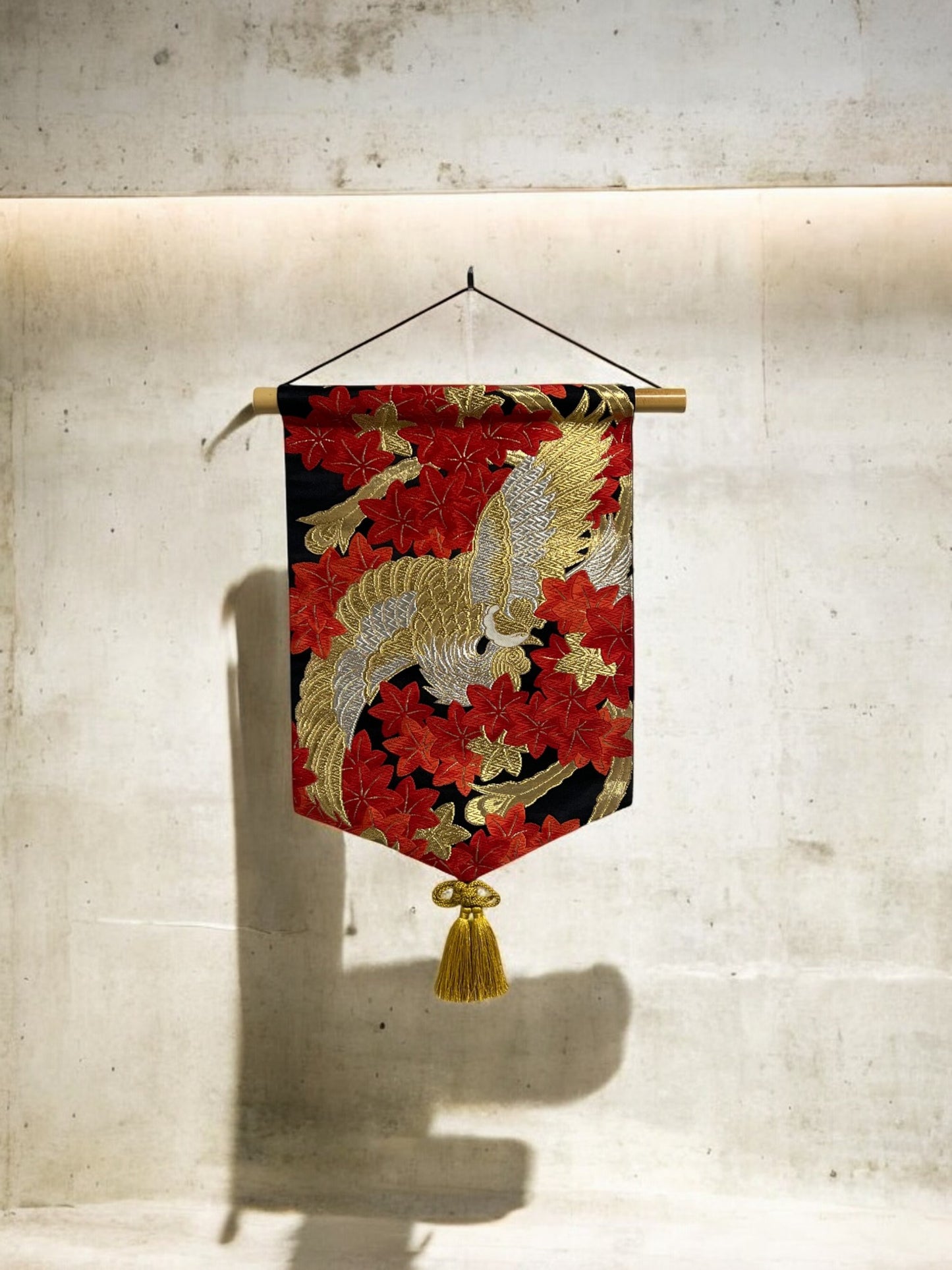 Black Tapestry with Red Maple Leaves and a Golden Phoenix Design(001-TP)