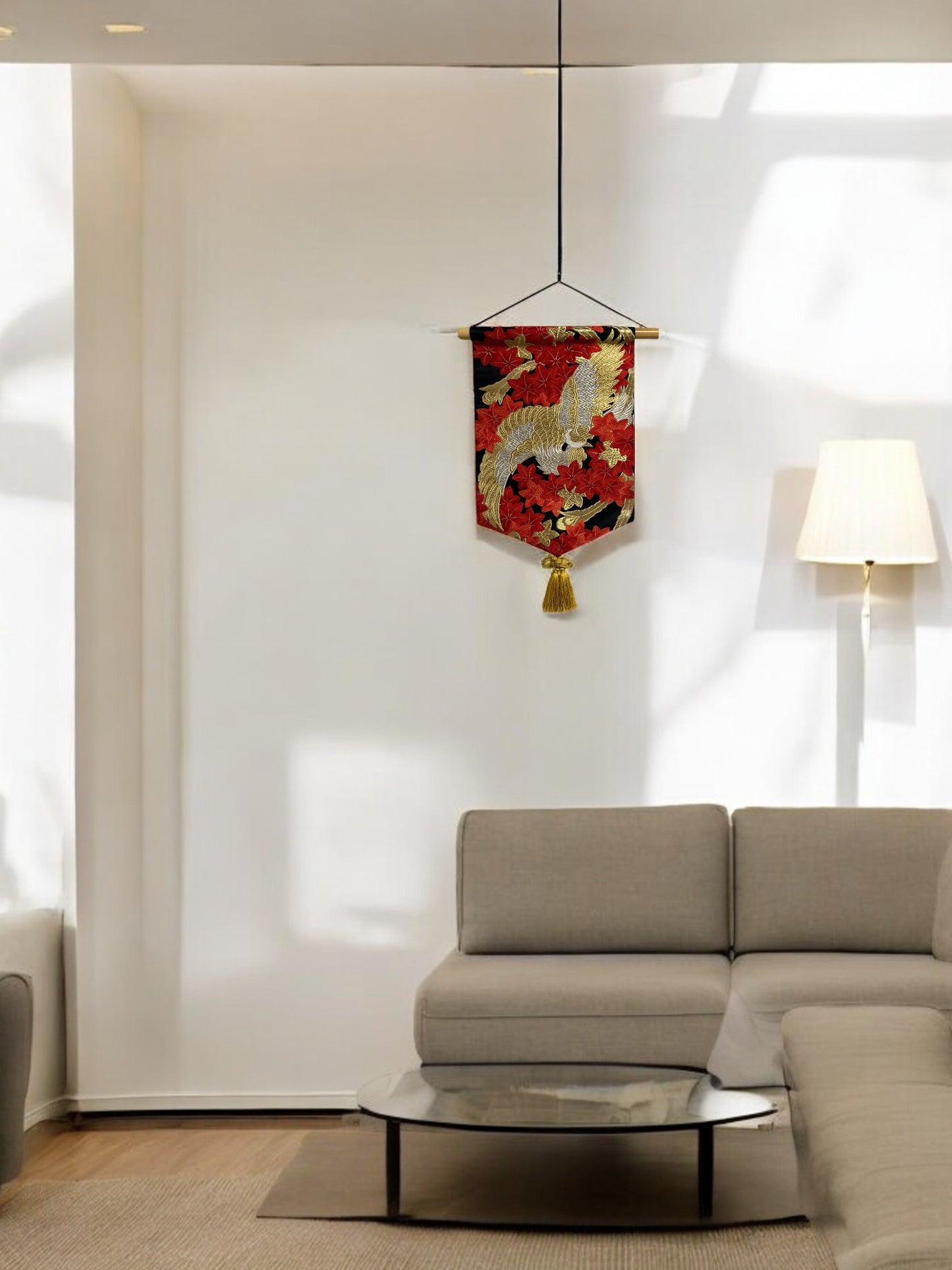 Black Tapestry with Red Maple Leaves and a Golden Phoenix Design(001-TP)