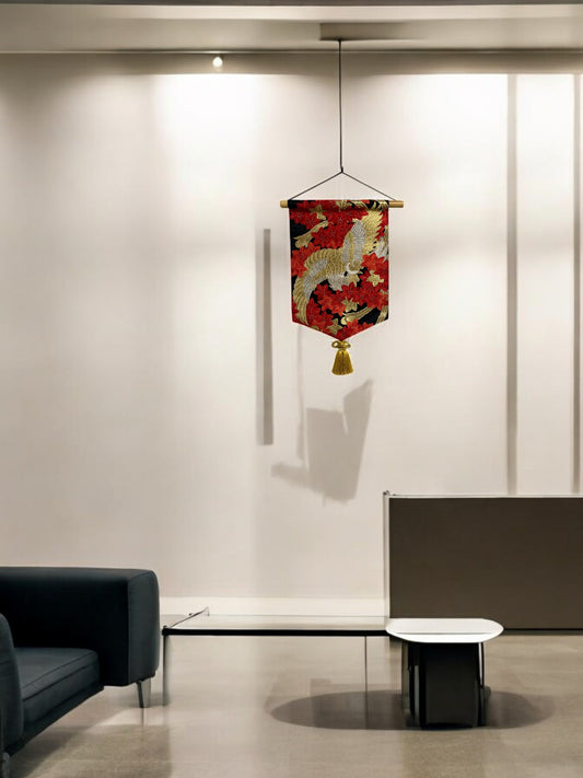 Black Tapestry with Red Maple Leaves and a Golden Phoenix Design(001-TP)