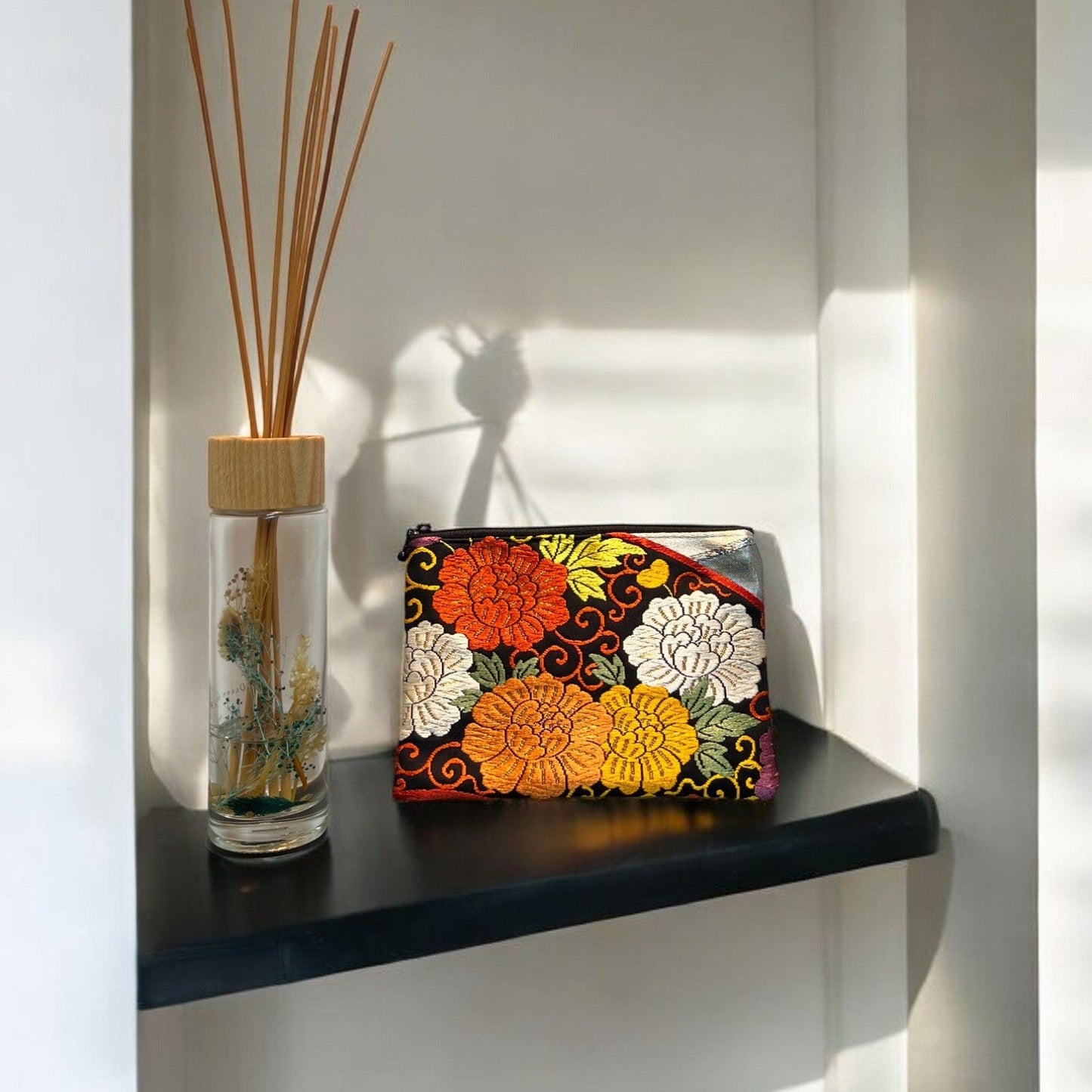 Elegant Black Pouch with Vibrant Peony Design(001-P)