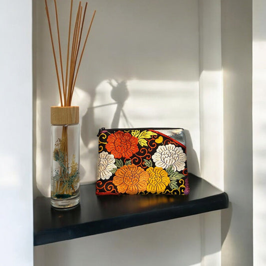 Elegant Black Pouch with Vibrant Peony Design(001-P)