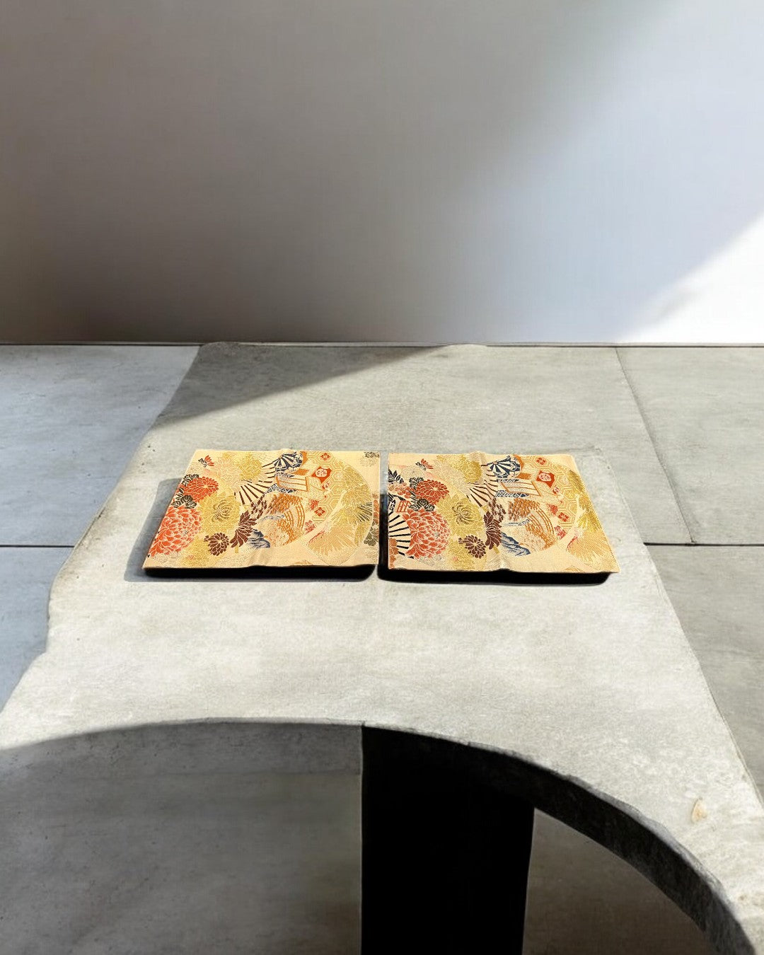 Golden Table Runner with Vibrant Peonies and Traditional Japanese Patterns(001-TR)