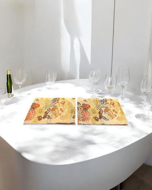 Golden Table Runner with Vibrant Peonies and Traditional Japanese Patterns(001-TR)