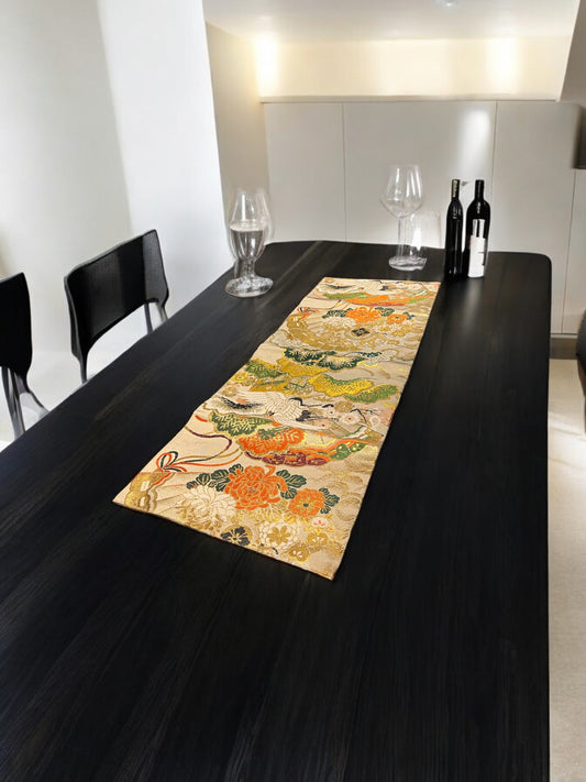 Golden Table Runner with Elegant Flowers and Cranes(004-TR)