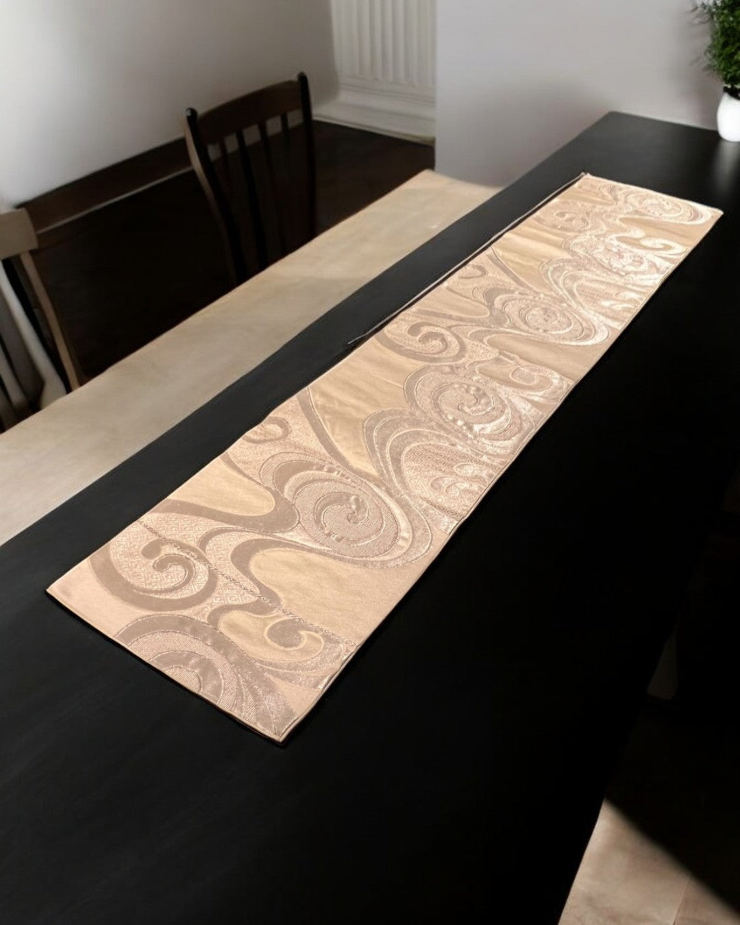 Elegant Silver Table Runner with Flowing Wave Pattern(006-TR)