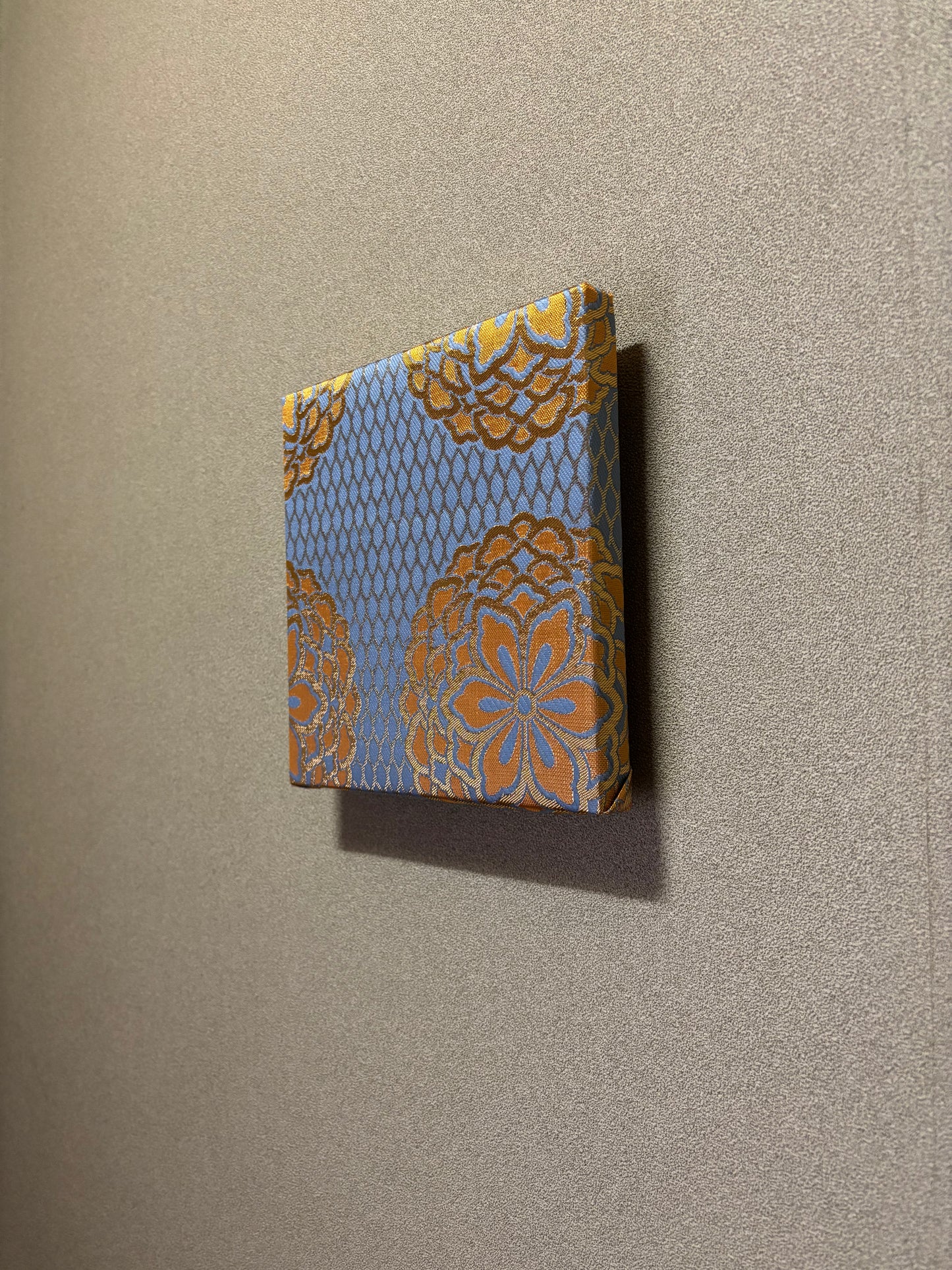 Nishijin Fabric Art Board - Vintage Kyoto Textile Wall Decor | Blue & Gold Floral Pattern (025-FB)