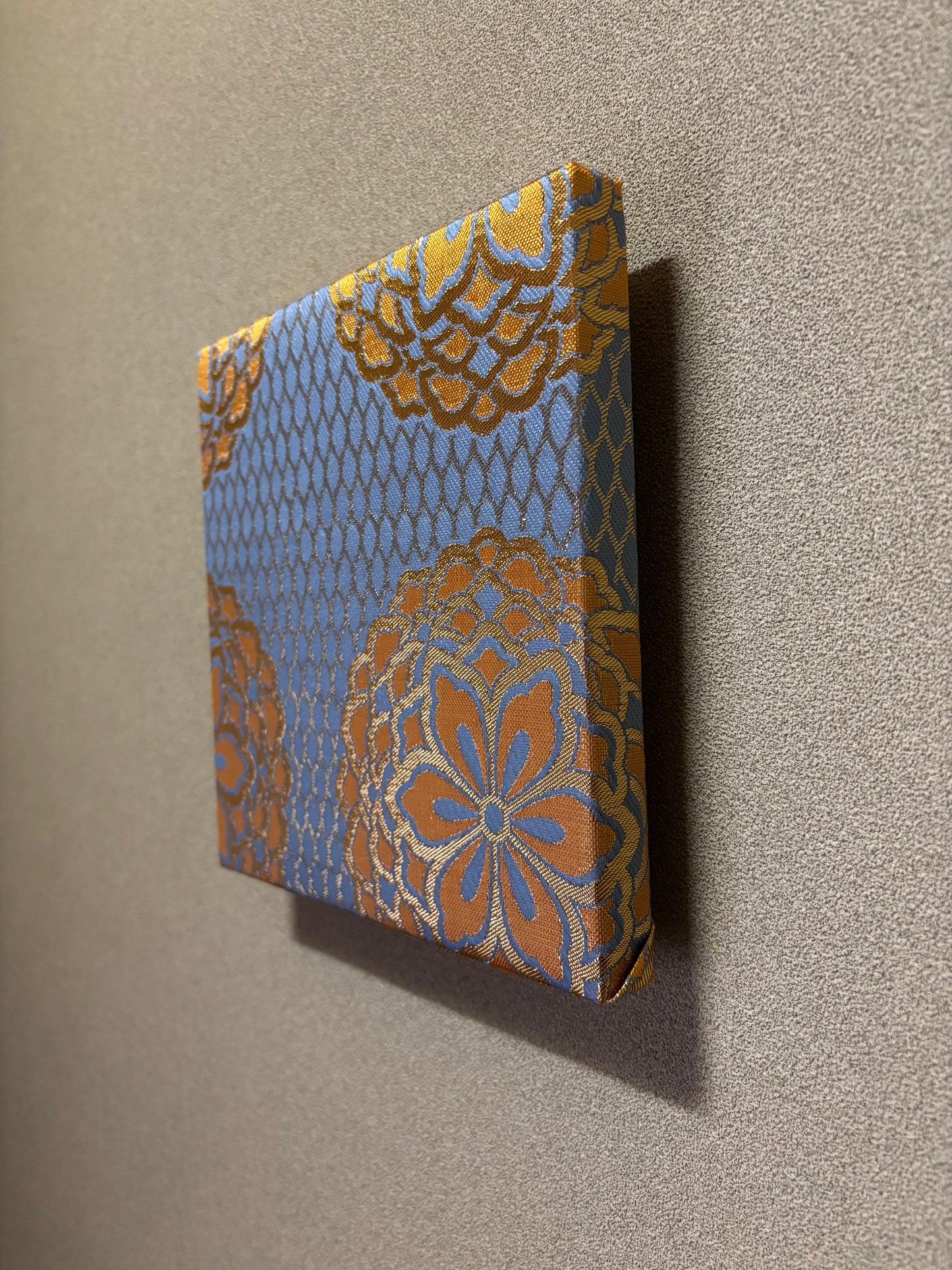 Nishijin Fabric Art Board - Vintage Kyoto Textile Wall Decor | Blue & Gold Floral Pattern (025-FB)