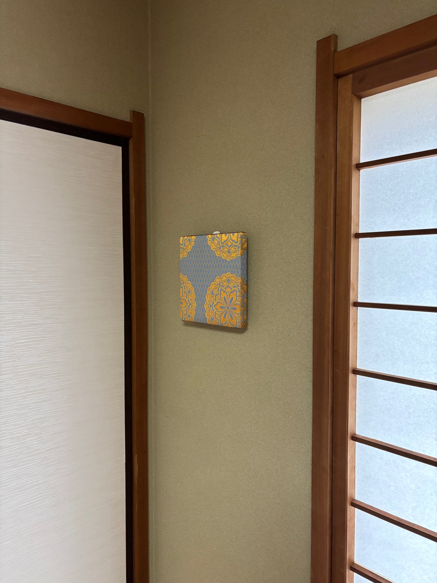 Nishijin Fabric Art Board - Vintage Kyoto Textile Wall Decor | Blue & Gold Floral Pattern (025-FB)