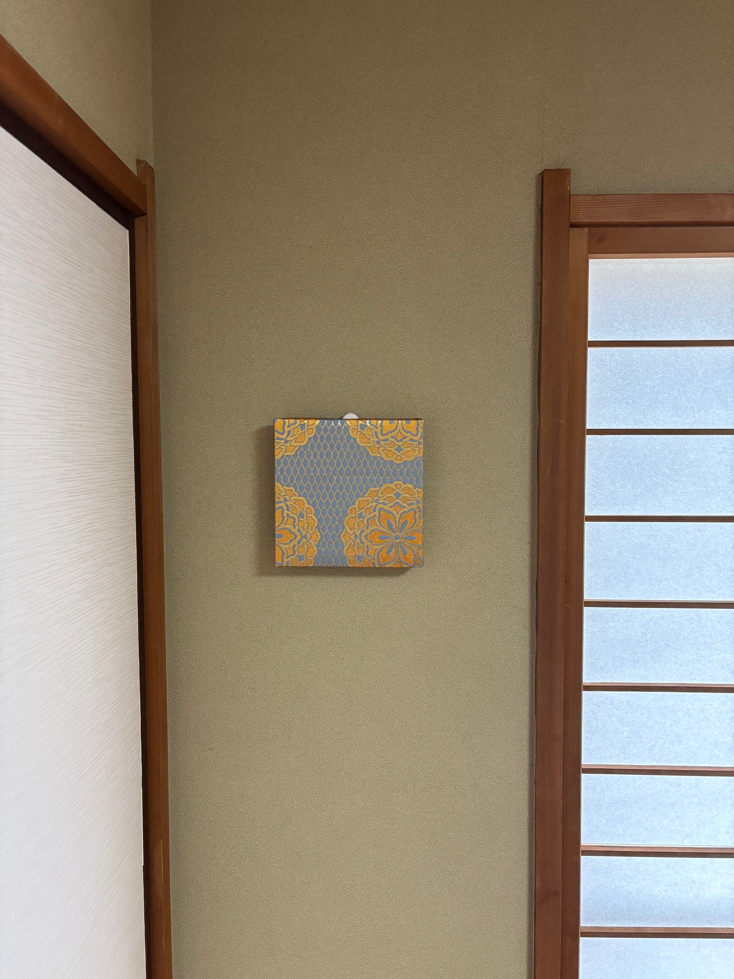 Nishijin Fabric Art Board - Vintage Kyoto Textile Wall Decor | Blue & Gold Floral Pattern (025-FB)