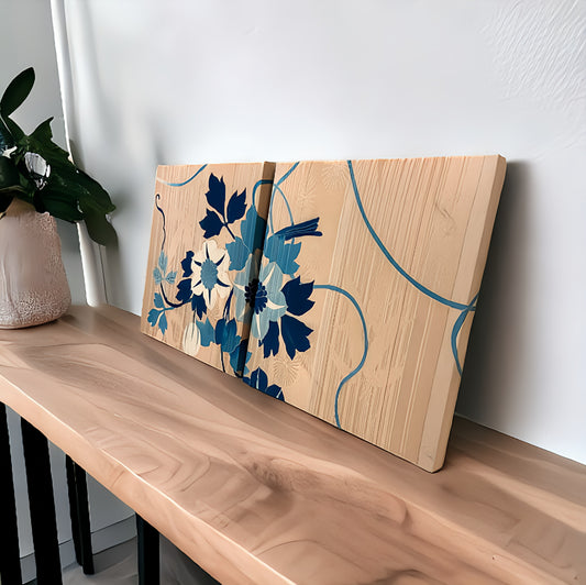 Twin Handcrafted Wall Art Boards with Kimono Fabric - Blue Floral Design