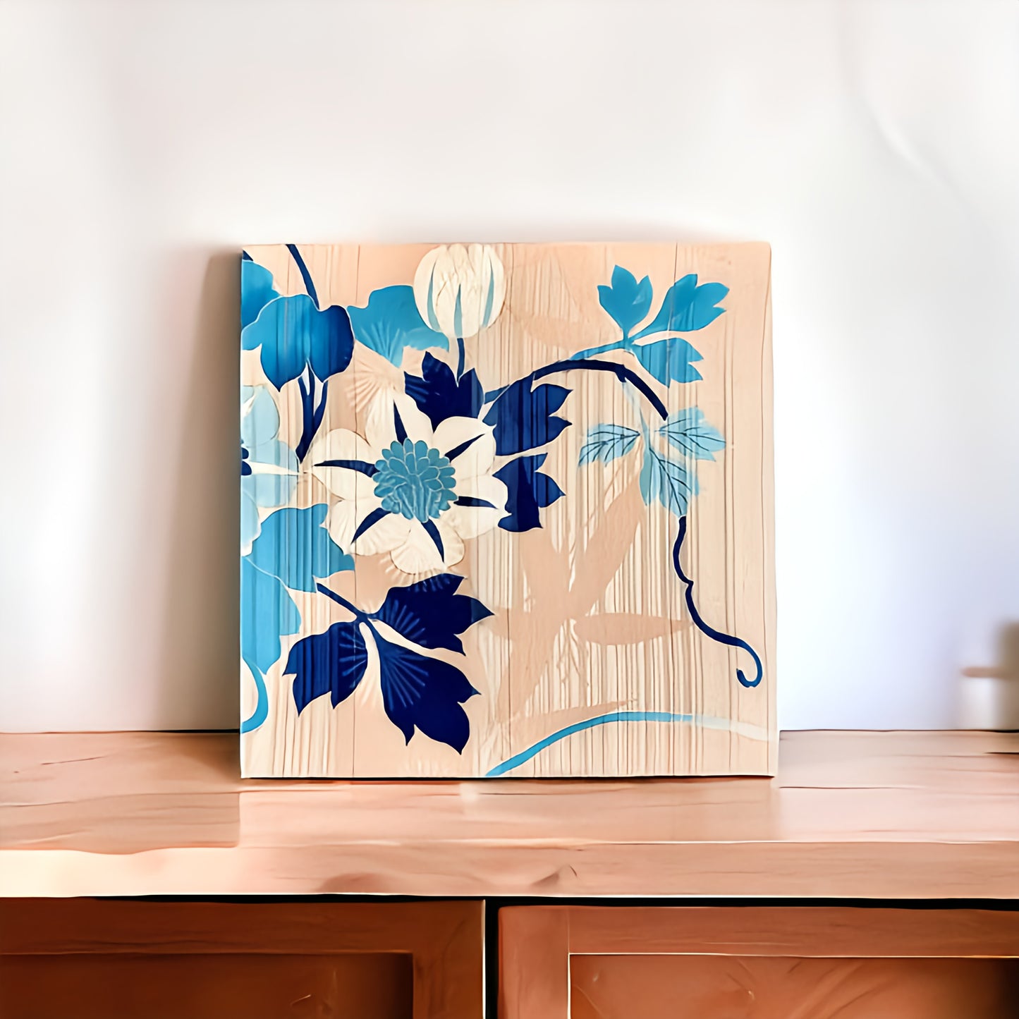 Twin Handcrafted Wall Art Boards with Kimono Fabric - Blue Floral Design