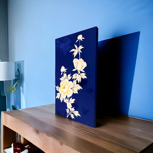 Elegant Kimono Fabric Wall Art - Handcrafted Floral Design on Midnight Blue