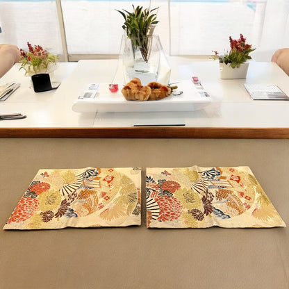 Golden Table Runner with Vibrant Peonies and Traditional Japanese Patterns（001-TR）