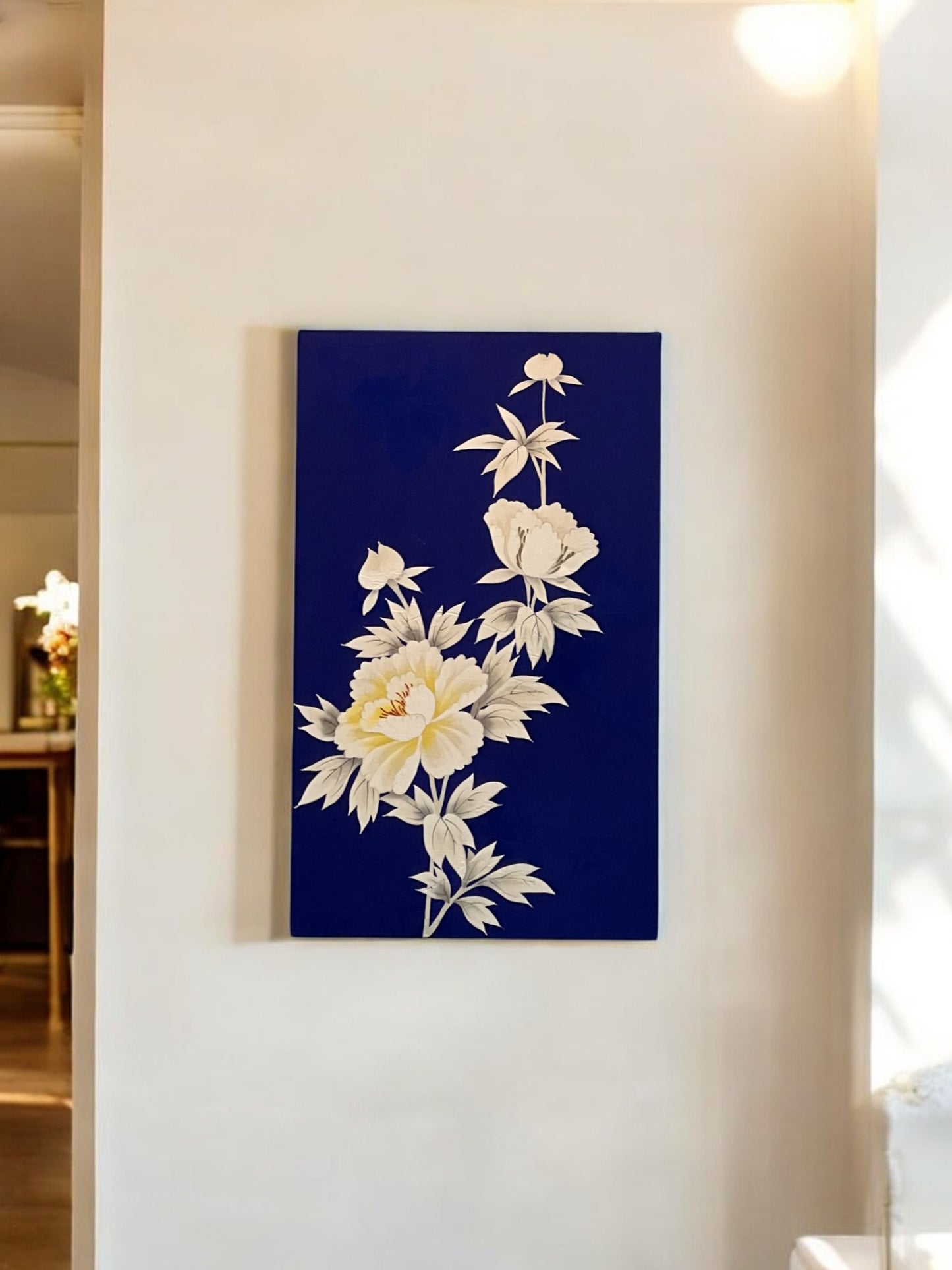 Elegant Kimono Fabric Wall Art - Handcrafted Floral Design on Midnight Blue