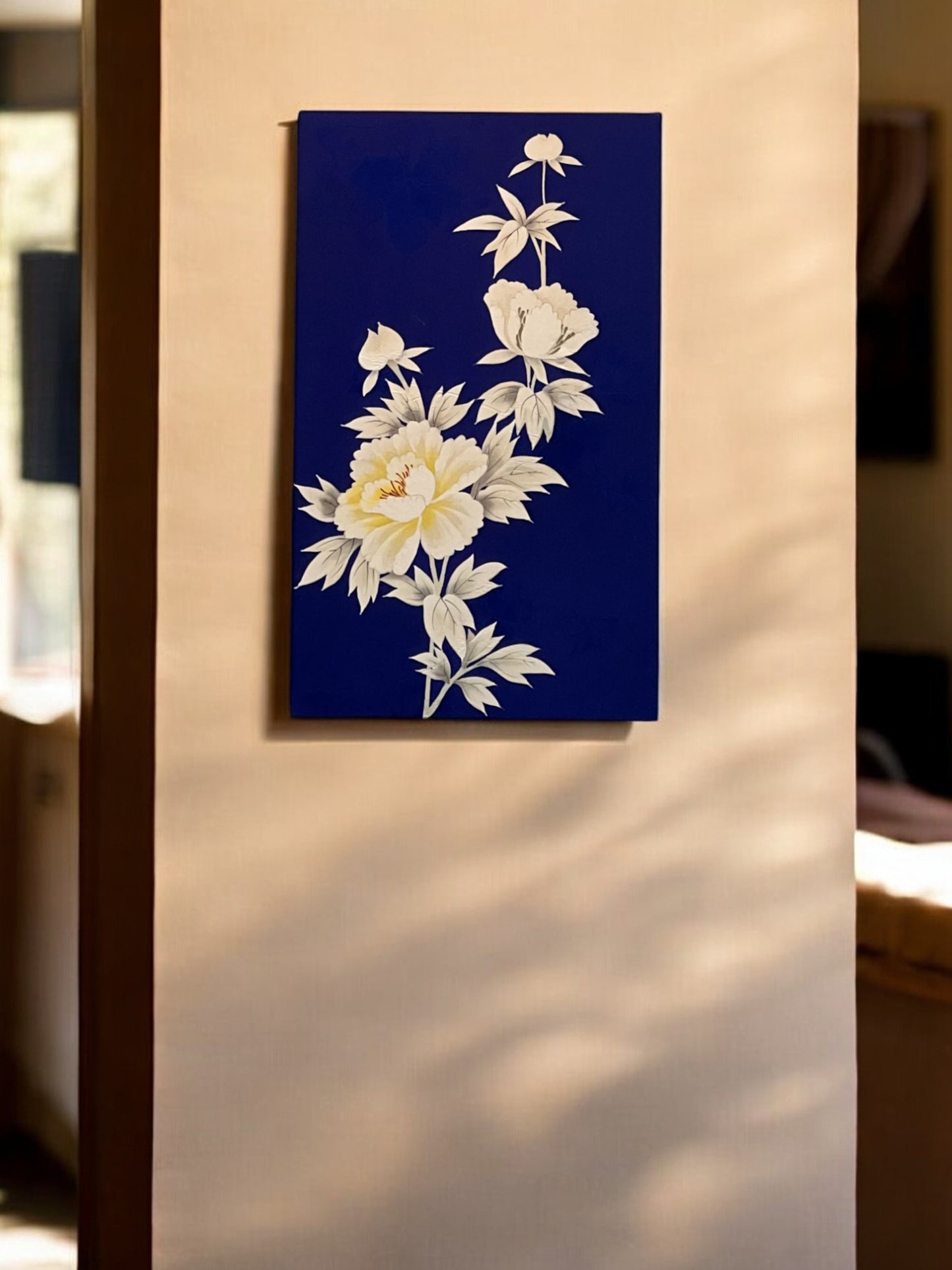 Elegant Kimono Fabric Wall Art - Handcrafted Floral Design on Midnight Blue