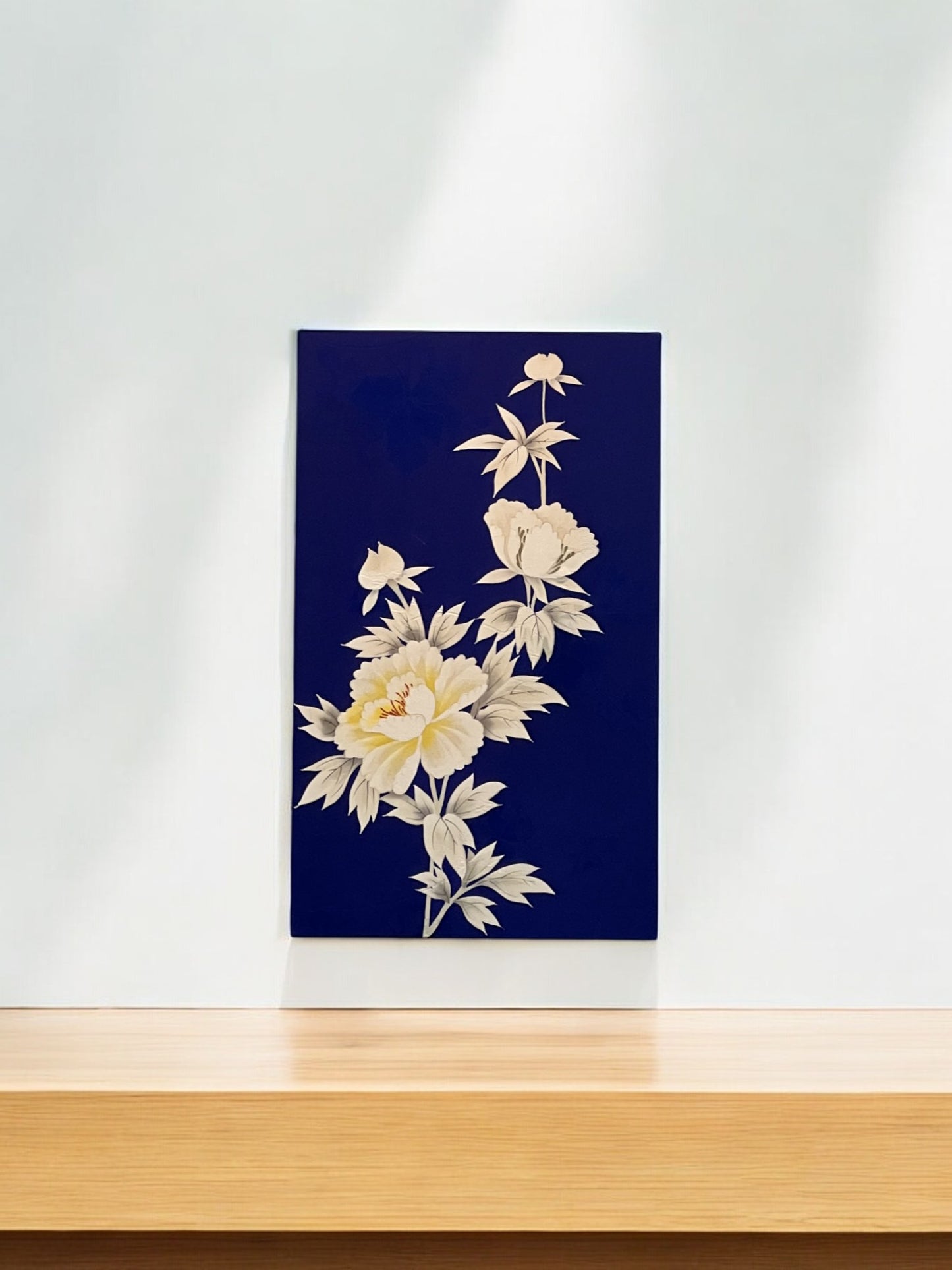 Elegant Kimono Fabric Wall Art - Handcrafted Floral Design on Midnight Blue