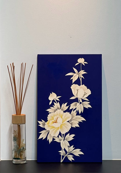 Elegant Kimono Fabric Wall Art - Handcrafted Floral Design on Midnight Blue