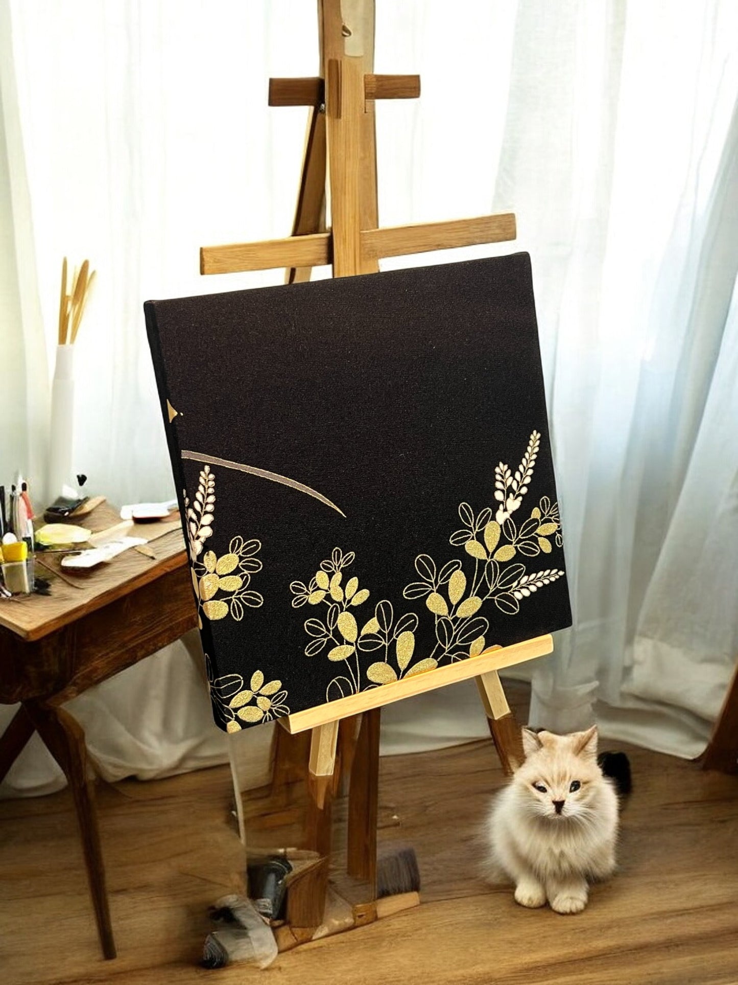 Kyoto Kimono Fabric Panel - Black and Gold Floral Wall Art