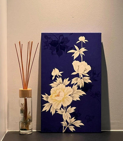 Elegant Kimono Fabric Wall Art - Handcrafted Floral Design on Midnight Blue