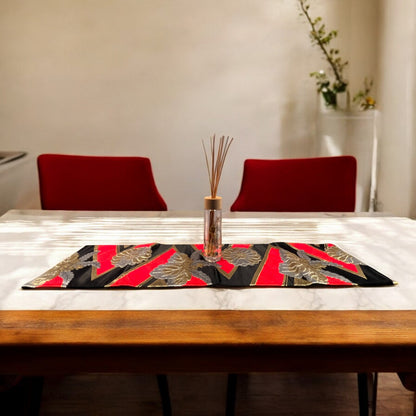 Elegant Black Table Runner with Red and Gold Chrysanthemum Design (007-TR)