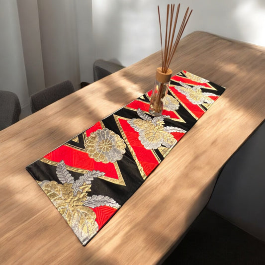 Elegant Black Table Runner with Red and Gold Chrysanthemum Design (007-TR)