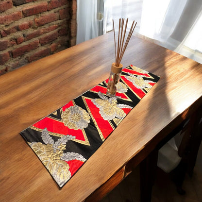 Elegant Black Table Runner with Red and Gold Chrysanthemum Design (007-TR)