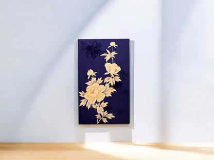 Elegant Kimono Fabric Wall Art - Handcrafted Floral Design on Midnight Blue