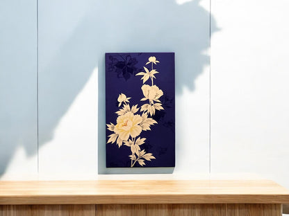 Elegant Kimono Fabric Wall Art - Handcrafted Floral Design on Midnight Blue