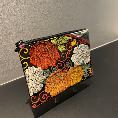 Elegant Black Pouch with Vibrant Peony Design（001-P）